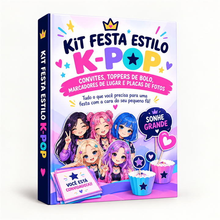 Bônus Kit Festa Estilo K-pop com convites, toppers de bolo e placas de foto