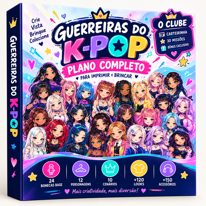 Pack do Plano Completo: bonecas de papel estilo K-pop para imprimir, com O Clube, missões e bônus