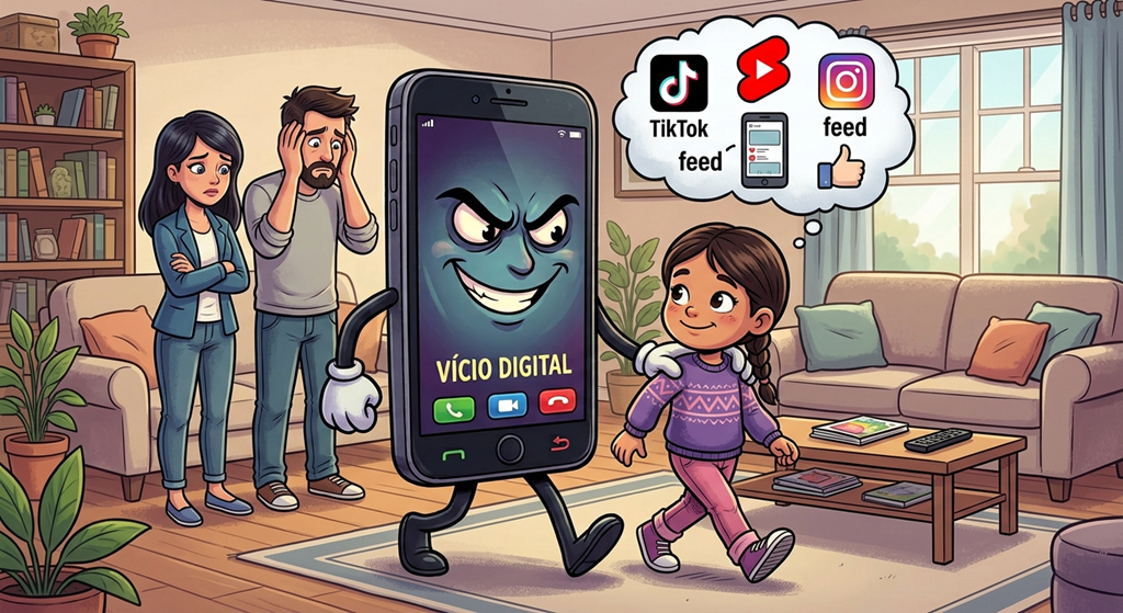 Celular com cara de vilão puxando uma menina pela mão enquanto os pais observam preocupados